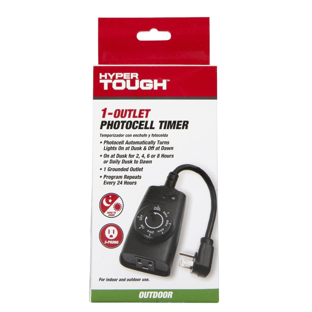 Hyper Tough Outdoor Grounded Photocell Dusk to Dawn Timer Single Outlet, 10 Amps